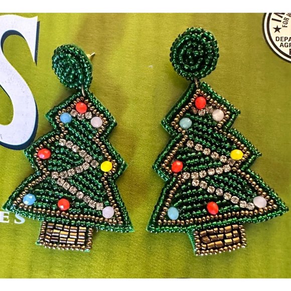Beaded Christmas Tree Earrings Handmade embellished Ornaments Dangle Pos… - Picture 7 of 12